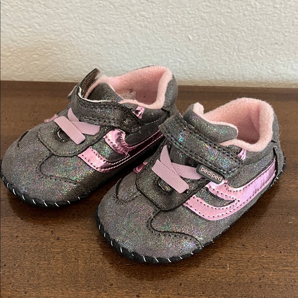 Pediped Glittery Pink and Gray Soft Leather Sole Baby Toddler Shoes 5.5 - Picture 1 of 6